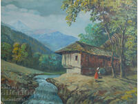 Old oil painting, genre scene, mountain river