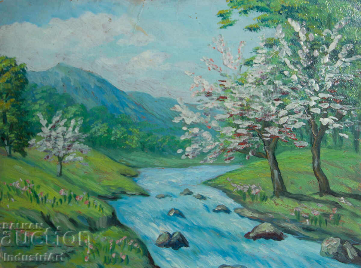 Old oil painting of a spring mountain landscape with price 190.00 BGN | € 97.15 Old oil painting of a spring mountain landscape with price 190.00 BGN | € 97.15