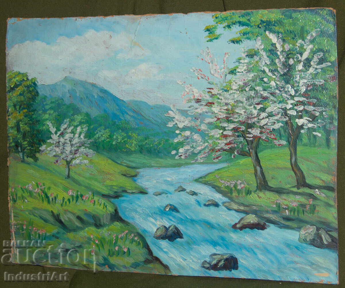 Auction Old oil painting of a spring mountain landscape Auction Old oil painting of a spring mountain landscape