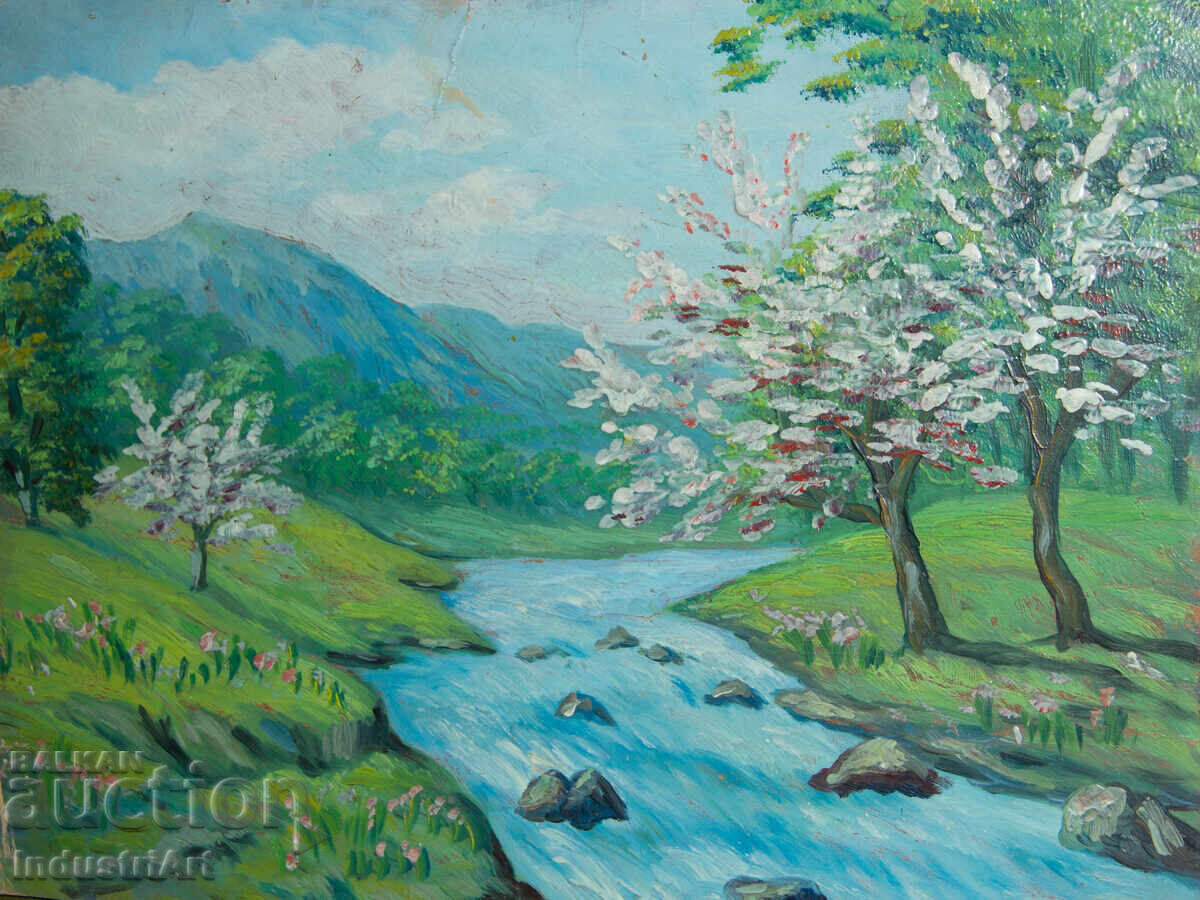 Delivery of Old oil painting of a spring mountain landscape Delivery of Old oil painting of a spring mountain landscape