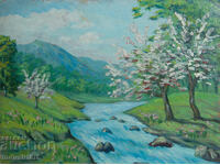 Old oil painting of a spring mountain landscape