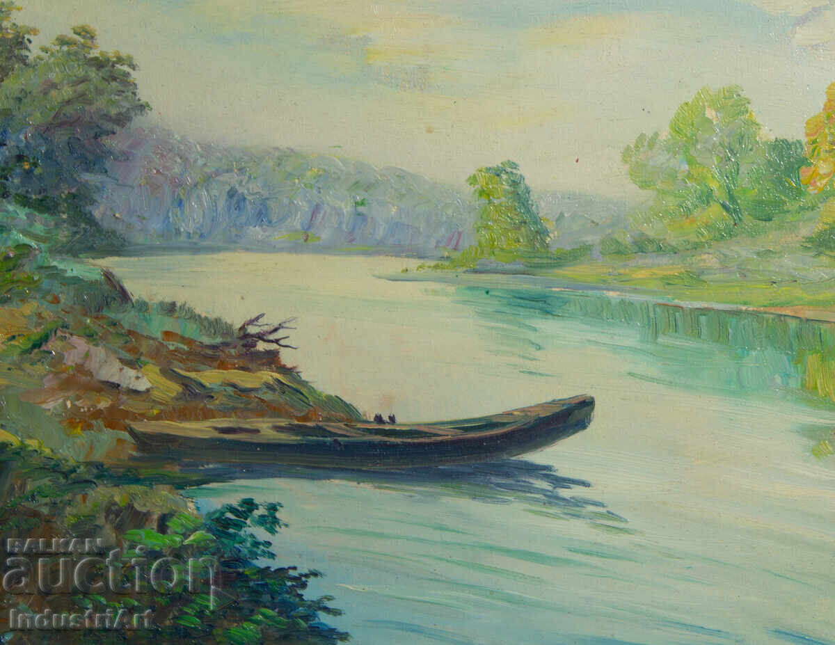 Delivery of Old oil painting river landscape