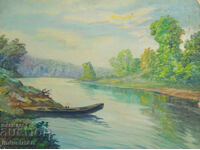 Old oil painting river landscape