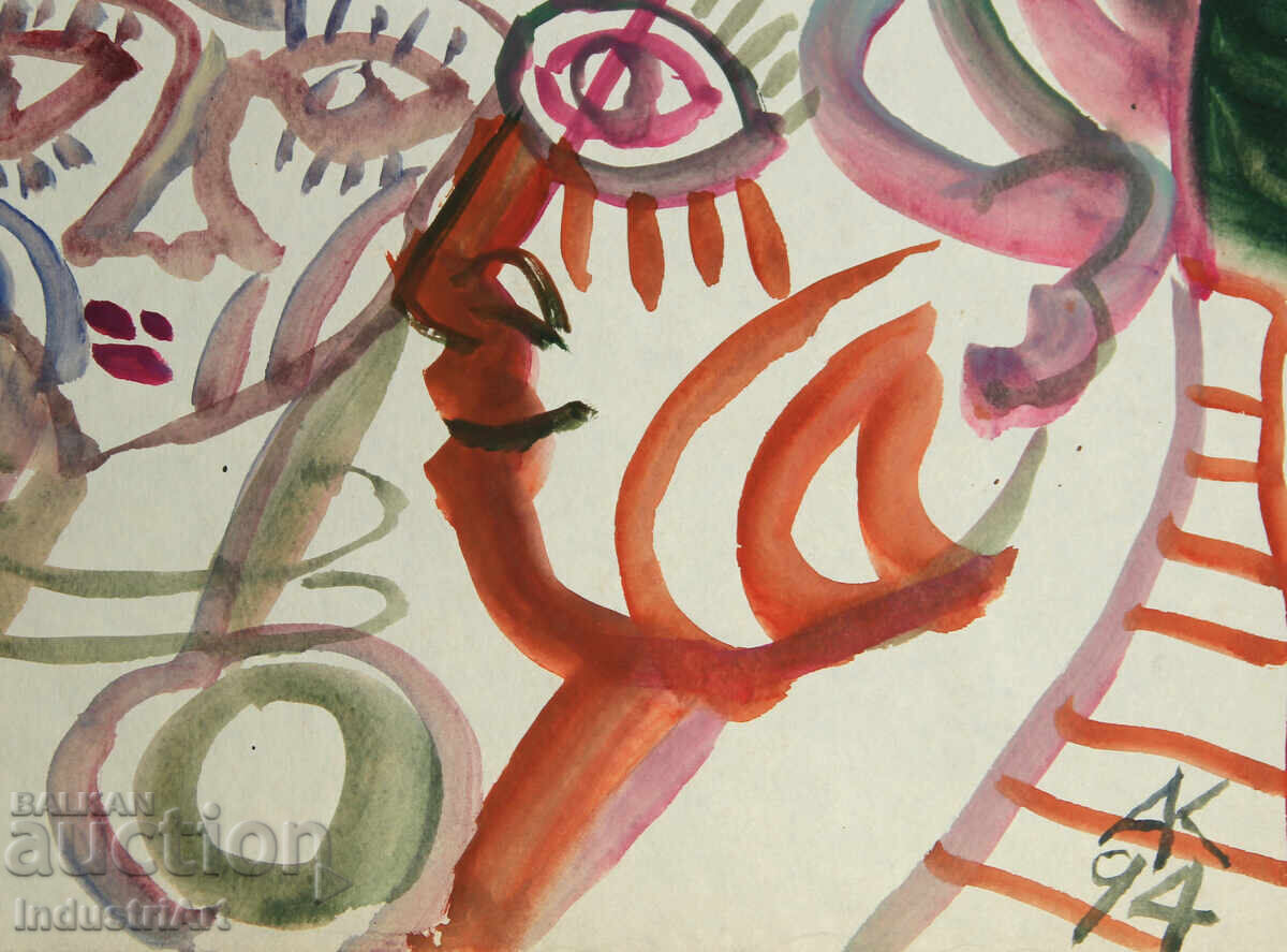 Auction  Contemporary Art Watercolor Expressionist Portrait Couple