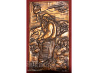 Plachetă de alamă basorelief, peisaj pastoral