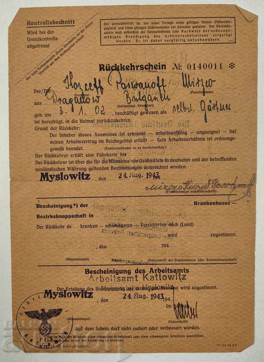 1943 Third Reich Sick Leave Permit with Swastika