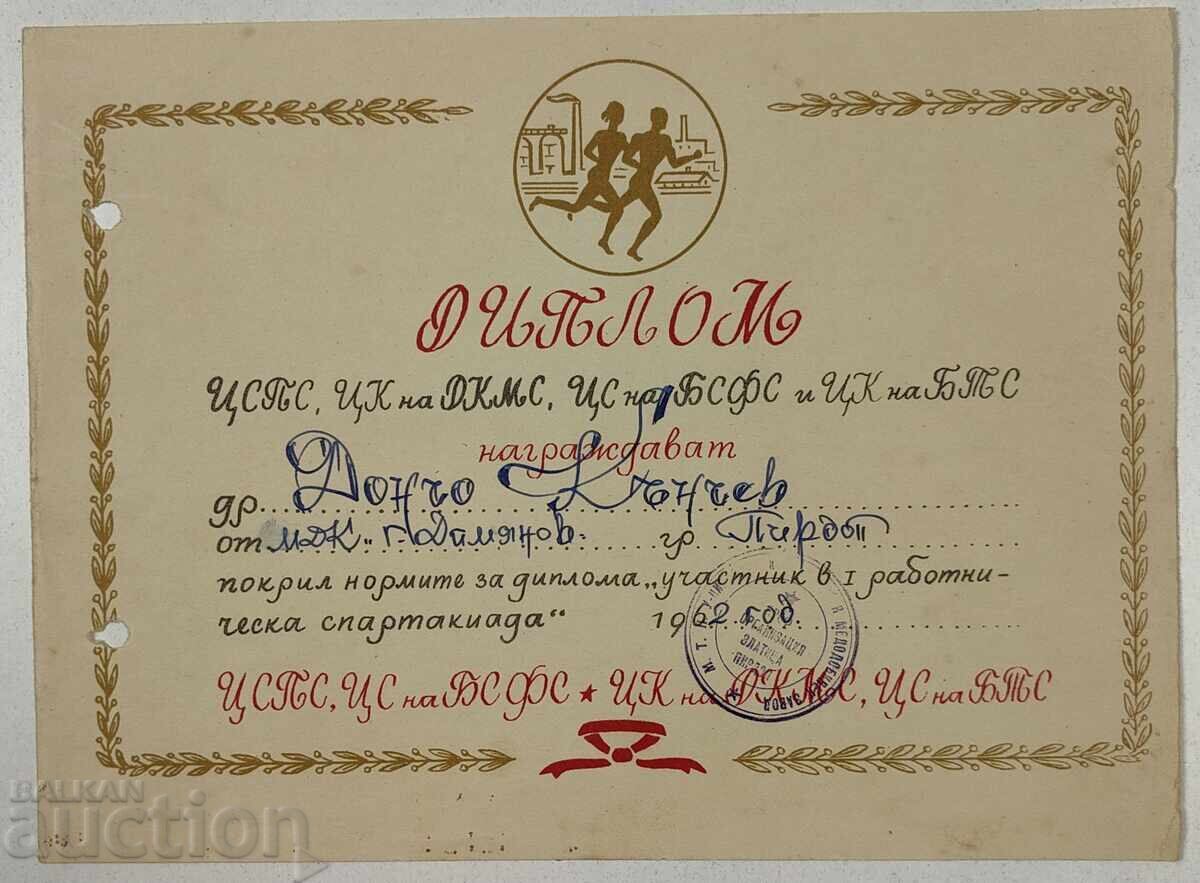 ДИПЛОМ УЧАСТНИК 1-ВА РАБОТНИЧЕСКА СПАРТАКИАДА ДКМС БТС ДИПЛОМ УЧАСТНИК 1-ВА РАБОТНИЧЕСКА СПАРТАКИАДА ДКМС БТС