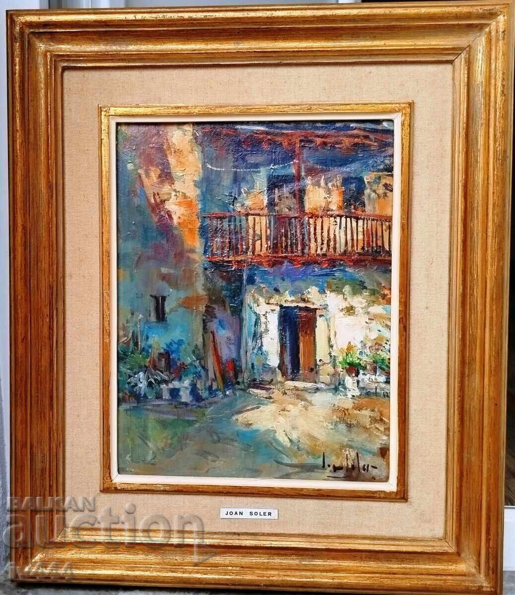 JOAN SOLER OLD PAINTING, SPANISH ARTIST - HOUSE WITH YARD 1961