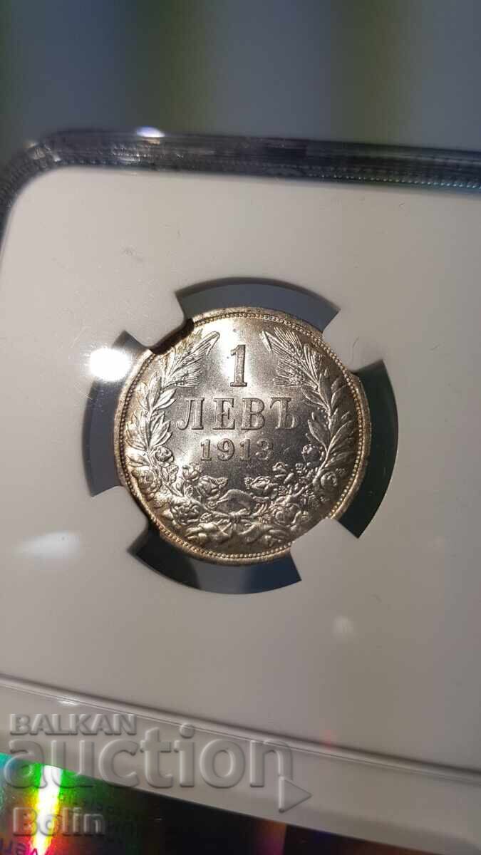 Licitație MS 62 - Monedă de argint bulgară regală 1 lev 1913 NGC