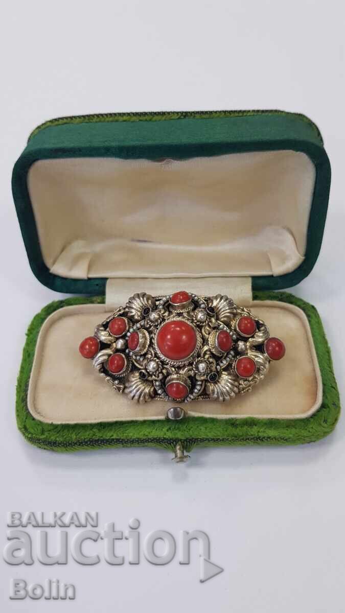 Unique Silver Gilt Brooch, Corals and Pearls Biedermeier with price 1300.00 BGN | € 664.68