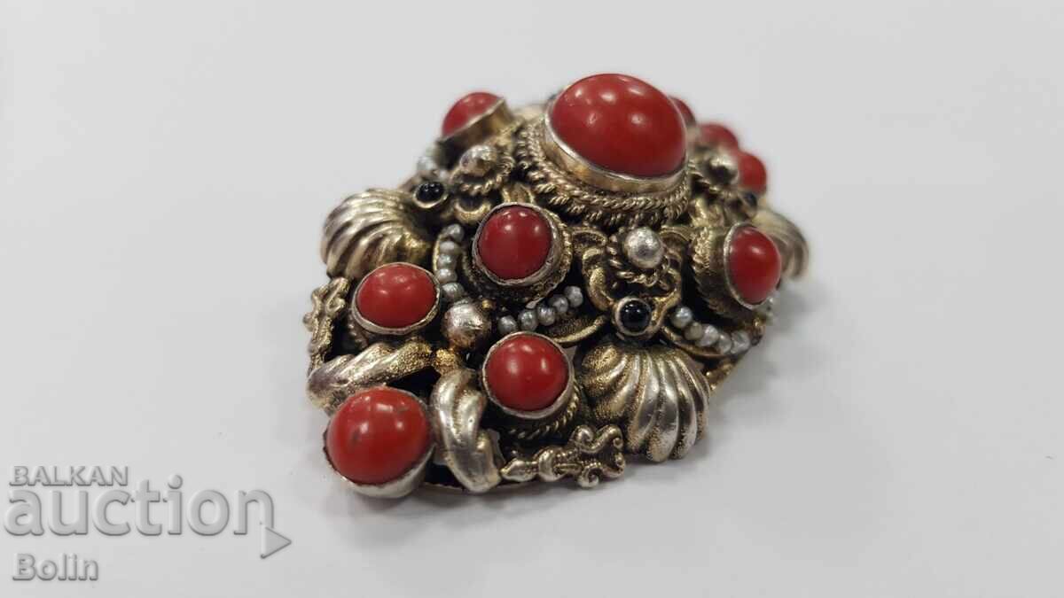 Auction  Unique Silver Gilt Brooch, Corals and Pearls Biedermeier