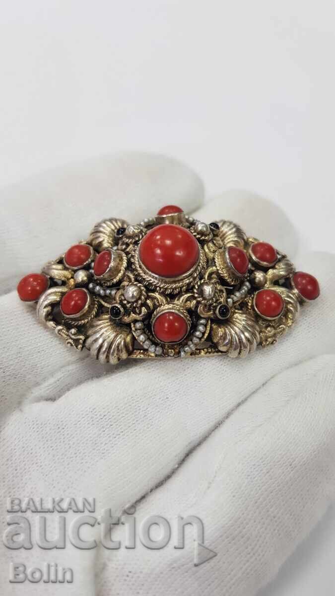 Delivery of Unique Silver Gilt Brooch, Corals and Pearls Biedermeier