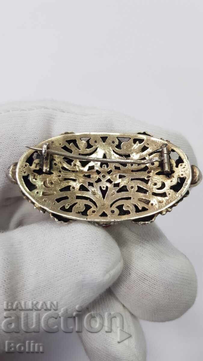 Unique Silver Gilt Brooch, Corals and Pearls Biedermeier - 5