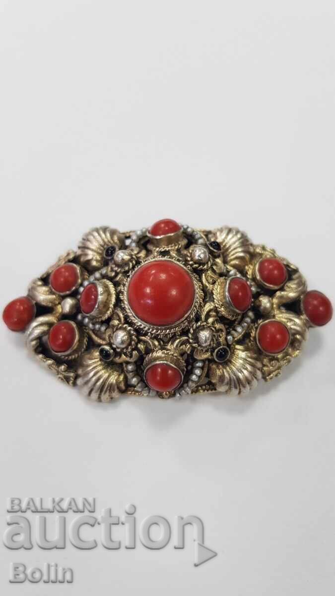 Unique Silver Gilt Brooch, Corals and Pearls Biedermeier