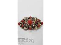 Уникална сребърна позлатена брошка, корали и перли Бидермаер