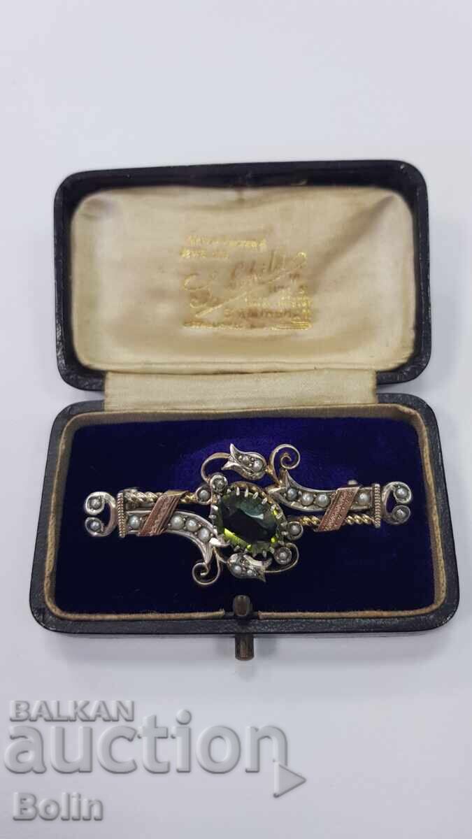 Κορυφαία συλλεκτική ασημένια καρφίτσα με μαργαριτάρια, τουρμαλίνη και χρυσό 19ος αιώνας με τιμή 880.00 BGN | € 449.94