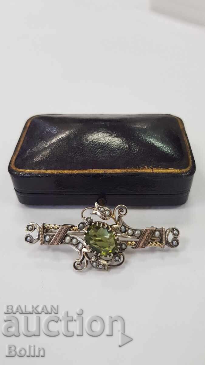 Δημοπρασία Κορυφαία συλλεκτική ασημένια καρφίτσα με μαργαριτάρια, τουρμαλίνη και χρυσό 19ος αιώνας