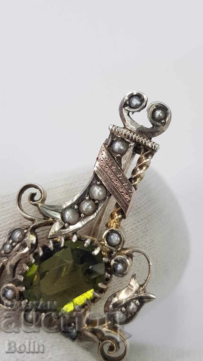Παράδοση Κορυφαία συλλεκτική ασημένια καρφίτσα με μαργαριτάρια, τουρμαλίνη και χρυσό 19ος αιώνας