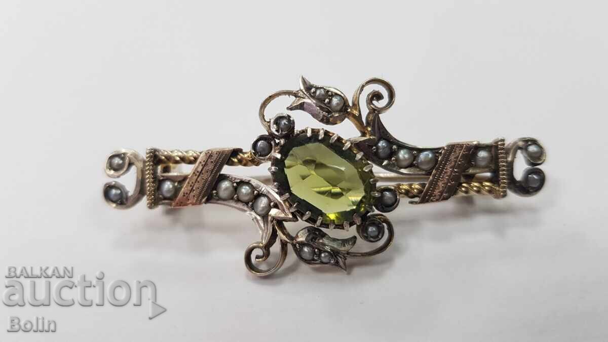 Κορυφαία συλλεκτική ασημένια καρφίτσα με μαργαριτάρια, τουρμαλίνη και χρυσό 19ος αιώνας - 7