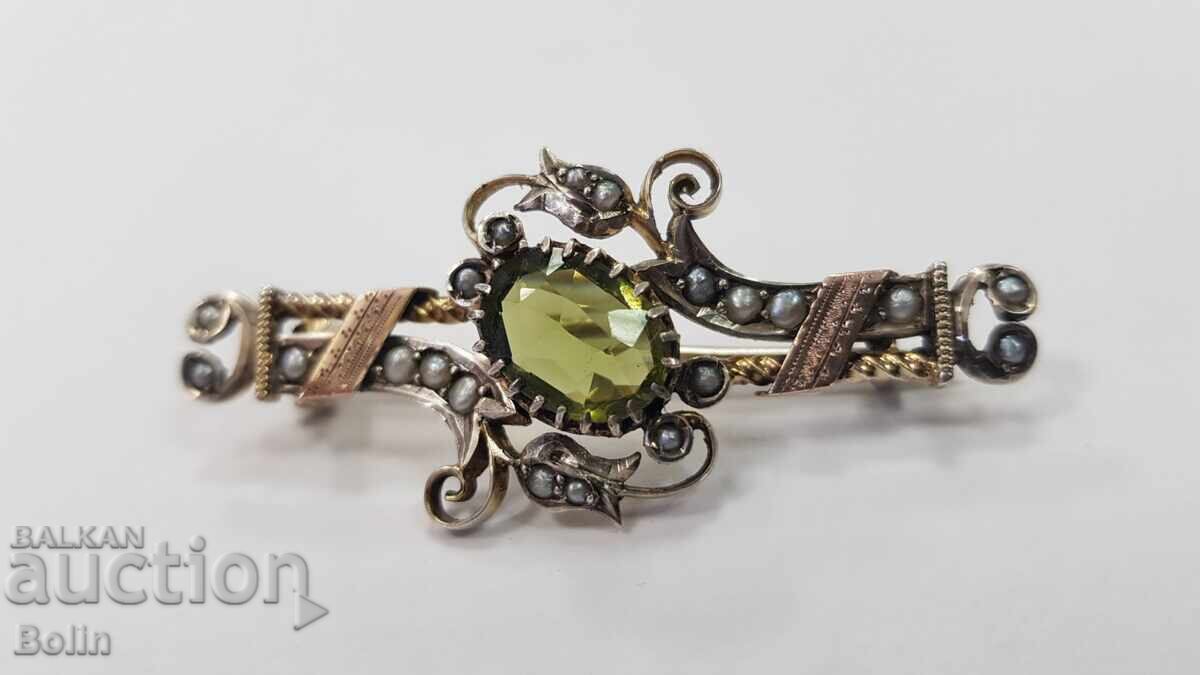 Κορυφαία συλλεκτική ασημένια καρφίτσα με μαργαριτάρια, τουρμαλίνη και χρυσό 19ος αιώνας
