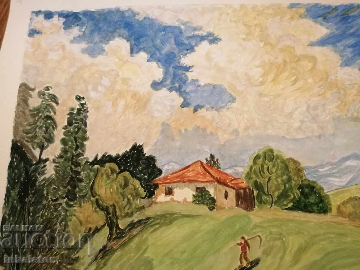 Акварел Иде буря над село 38 - 28 см с цена 30.00 лв. | € 15.34