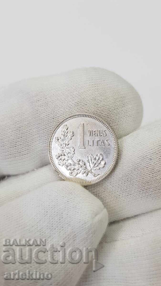 Rare silver coin 1 litas - 1925 g. Lithuania with luster with price 45.00 BGN | € 23.01