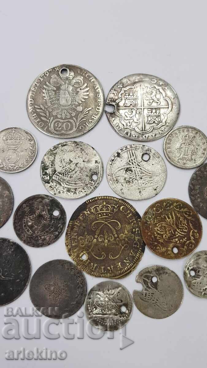 17 бр. стари монети за накити, носия, сребро, бронз и други