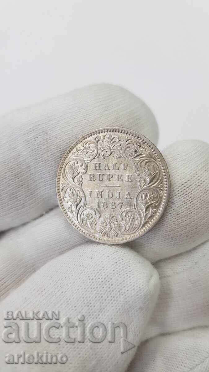 Rare Silver Coin 1/2 Rupee British India 1887