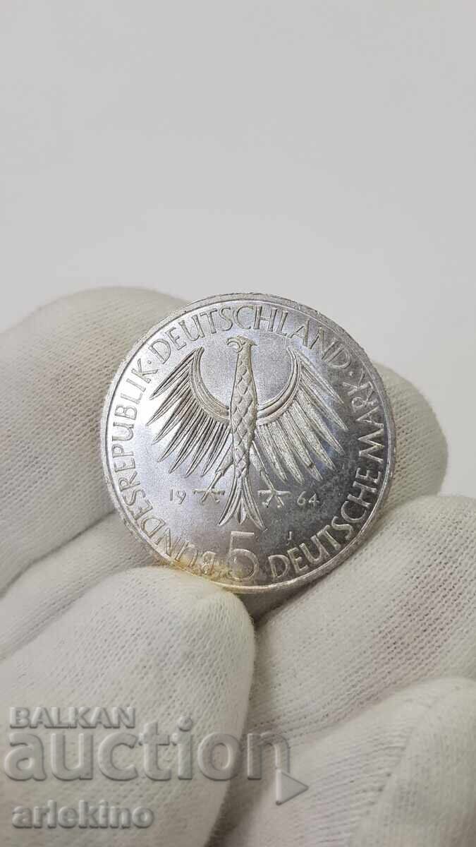 Σπάνιο ασημένιο νόμισμα 5 μάρκων 1964 J Γερμανία Κορυφαία ποιότητα