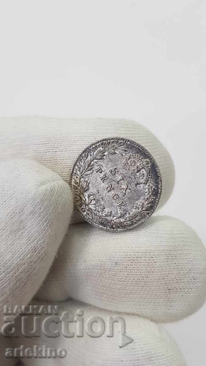 Monedă rară de argint 6 pence 1902 Marea Britanie cu preț 65.00 BGN | € 33.23