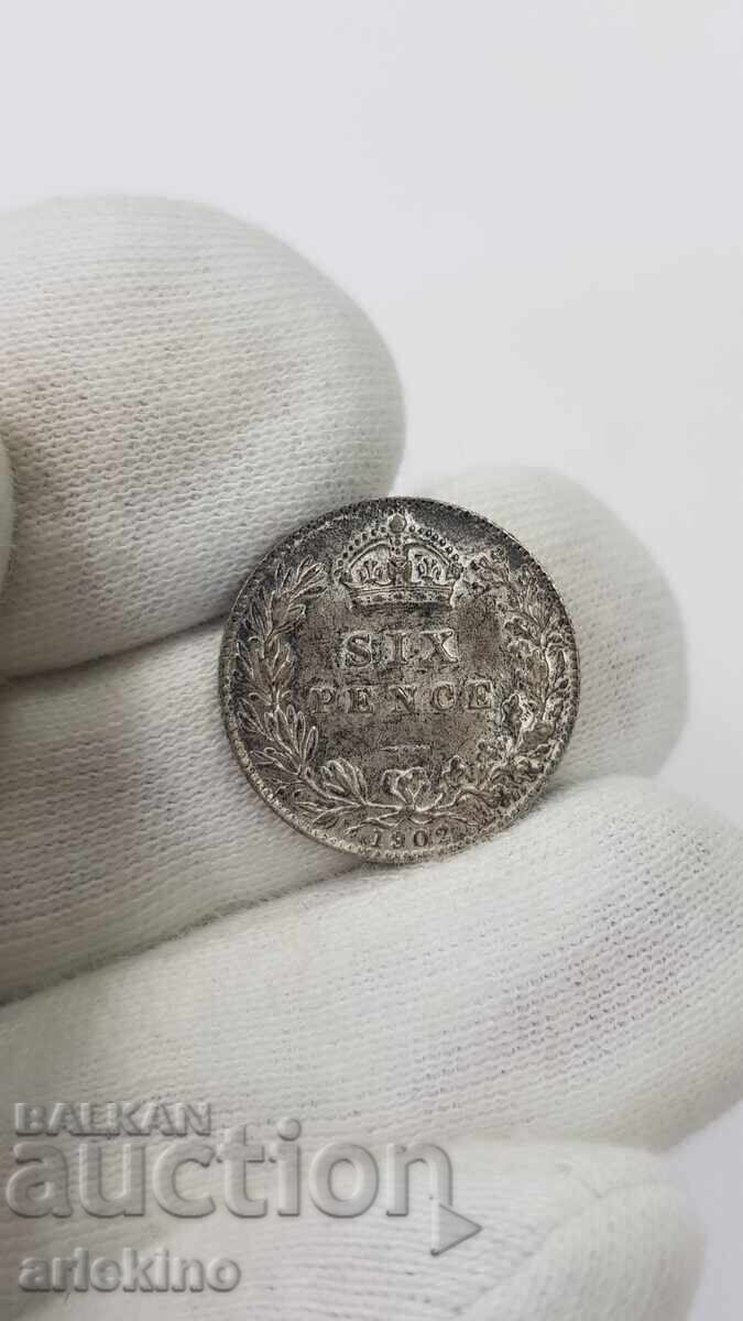 Licitație Monedă rară de argint 6 pence 1902 Marea Britanie