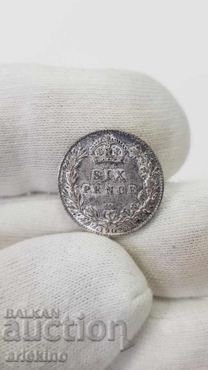 Monedă rară de argint 6 pence 1902 Marea Britanie