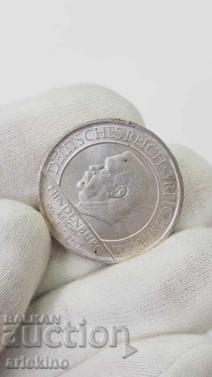Рядка сребърна монета 3 Райх Марки 1929 А Хинденбург - 5