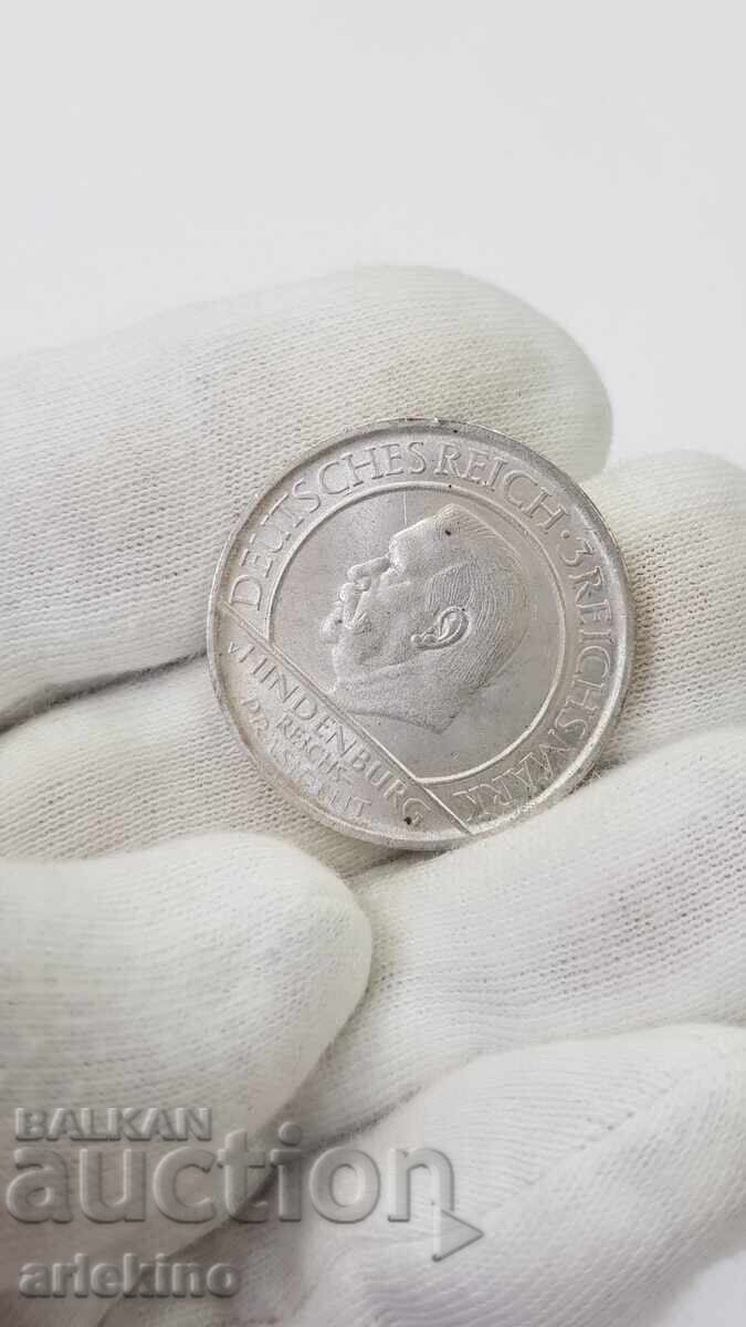 Рядка сребърна монета 3 Райх Марки 1929 А Хинденбург - 6