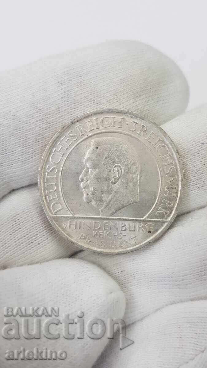 Рядка сребърна монета 3 Райх Марки 1929 А Хинденбург
