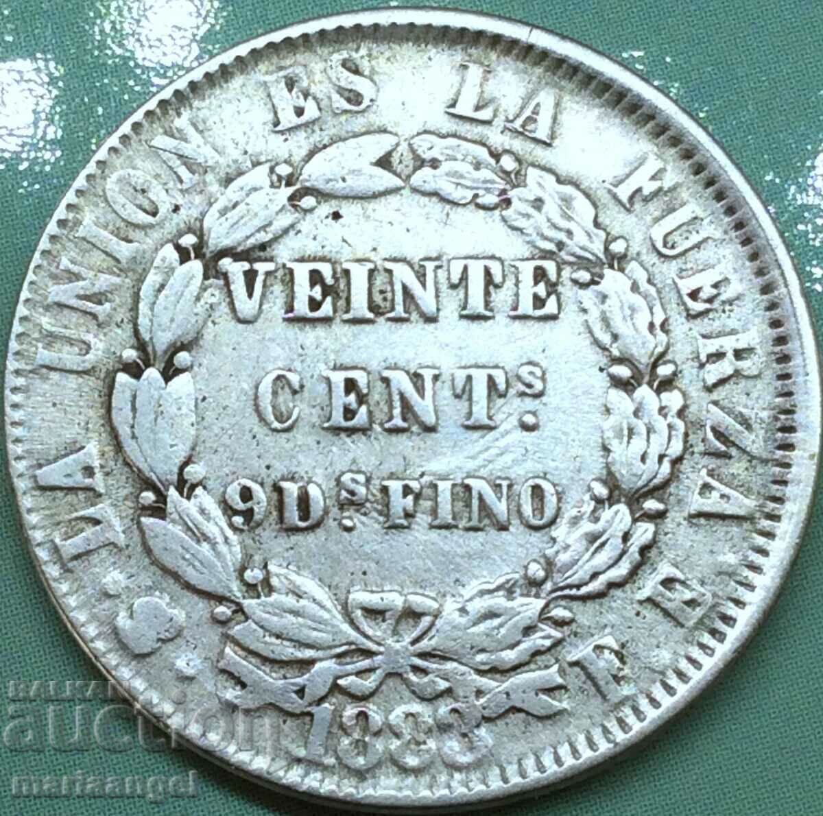 Bolivia 1883 20 cents 4.58g silver - quite rare - 6