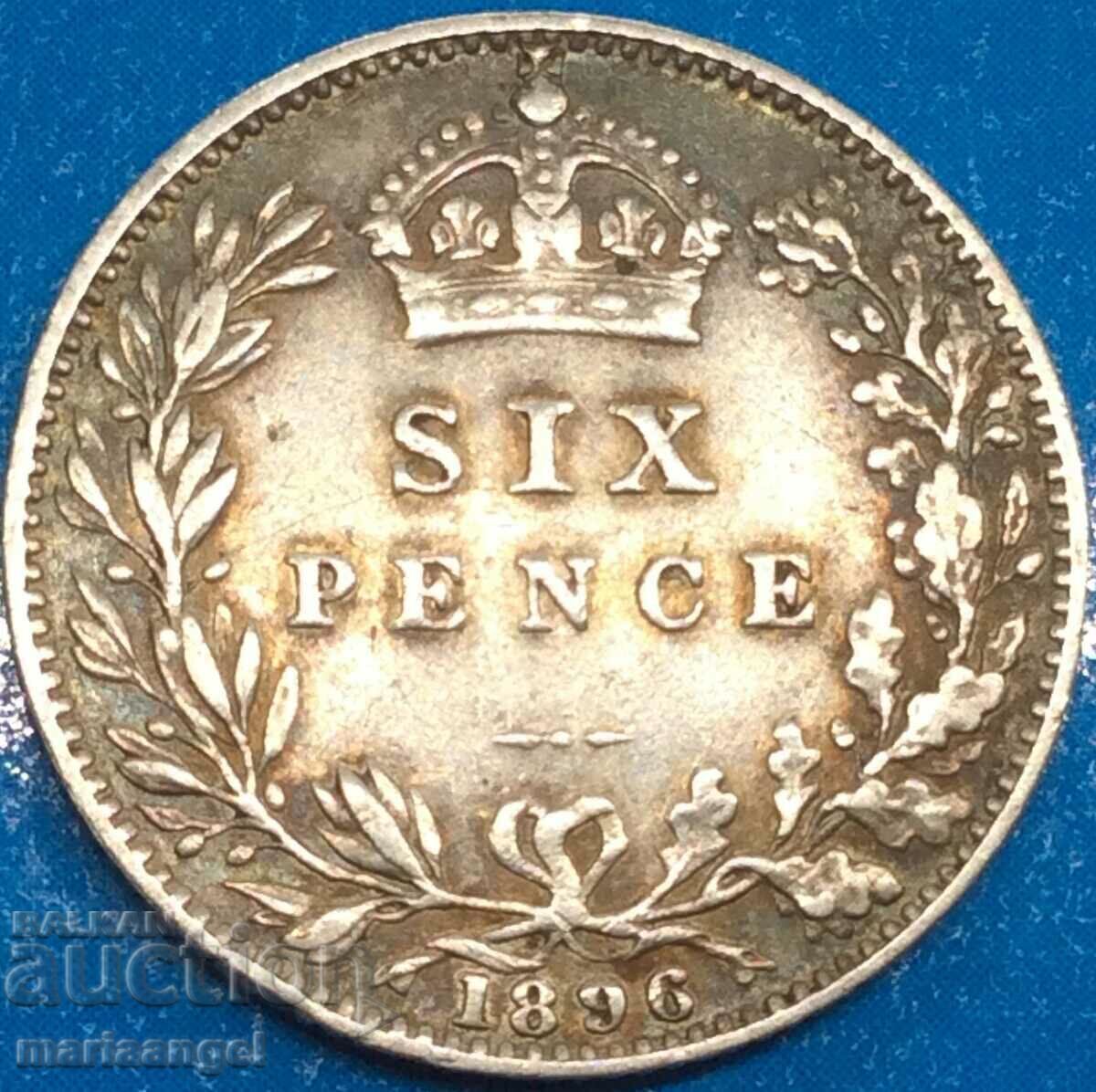 Marea Britanie 6 Pence 1896 Victoria Silver - Rar - 5