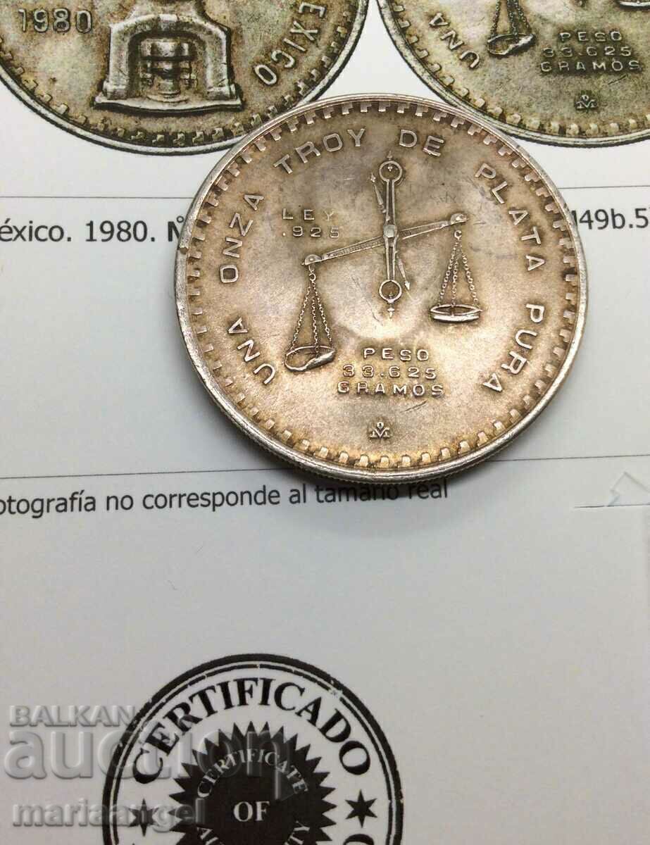 Mexico 1980 1 Peso 1 Oz Certificate 33.73g Silver Patina - 6