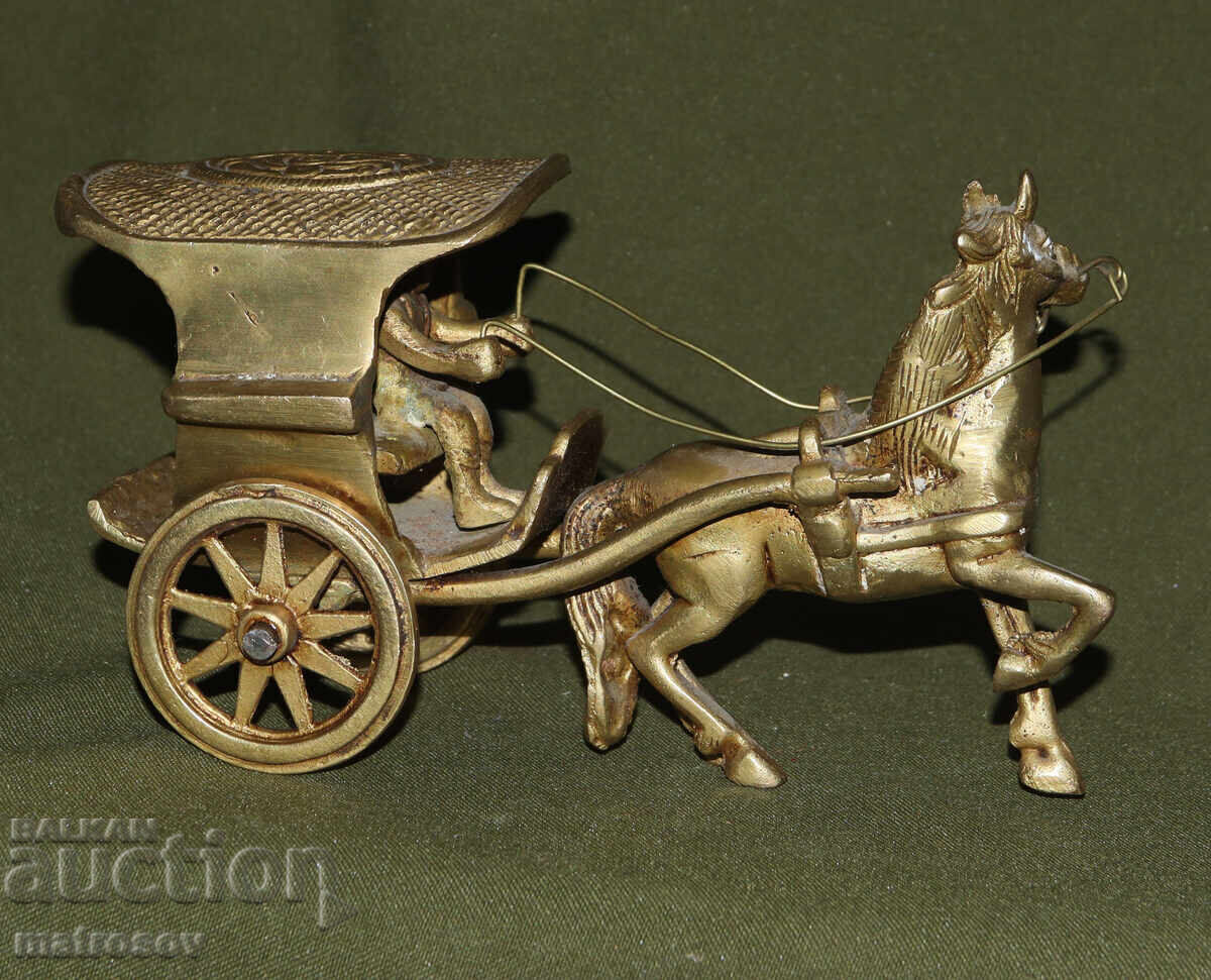 Стара месингова декорация, скулптура покрита карета с кон - 5