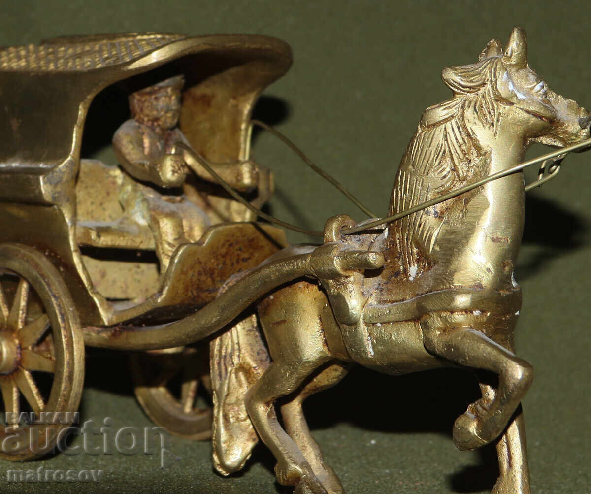 Стара месингова декорация, скулптура покрита карета с кон - 7