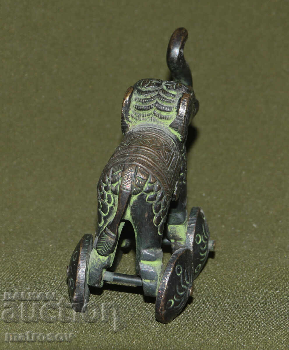 Bronz, figură jucărie populară indiană elefant pe roți - 5