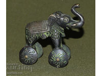Bronz, figură jucărie populară indiană elefant pe roți