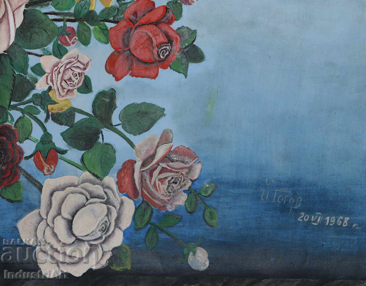 1968 Old Oil Painting Still Life with Roses - 5
