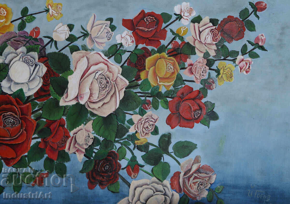 1968 Old Oil Painting Still Life with Roses - 7