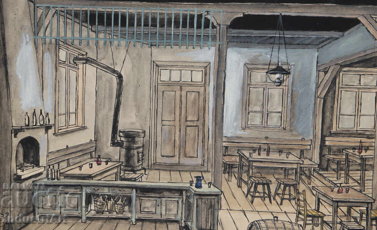 Delivery of Kiril Nedelchev (1921 - 2004) Watercolor Painting Interior