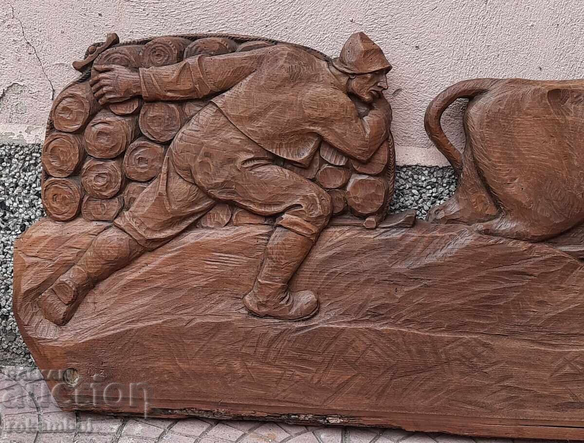 Sculptură masivă, sculptată manual, reprezentând un țăran cu bou - 6