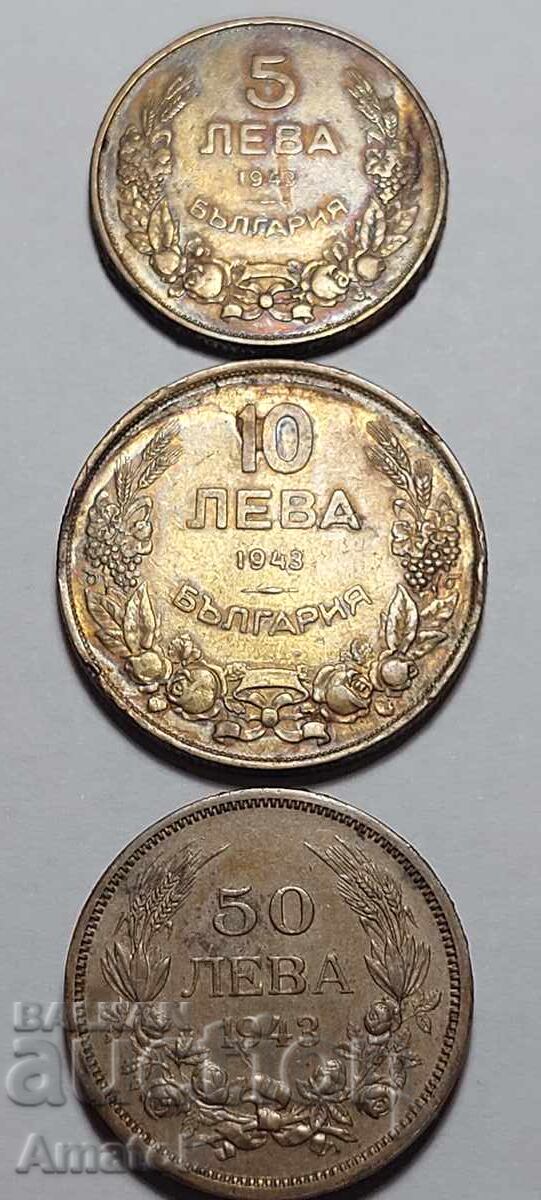 Coins 3pcs. lot from the Kingdom of Bulgaria - 5, 10, 50 leva from 1943 Coins 3pcs. lot from the Kingdom of Bulgaria - 5, 10, 50 leva from 1943