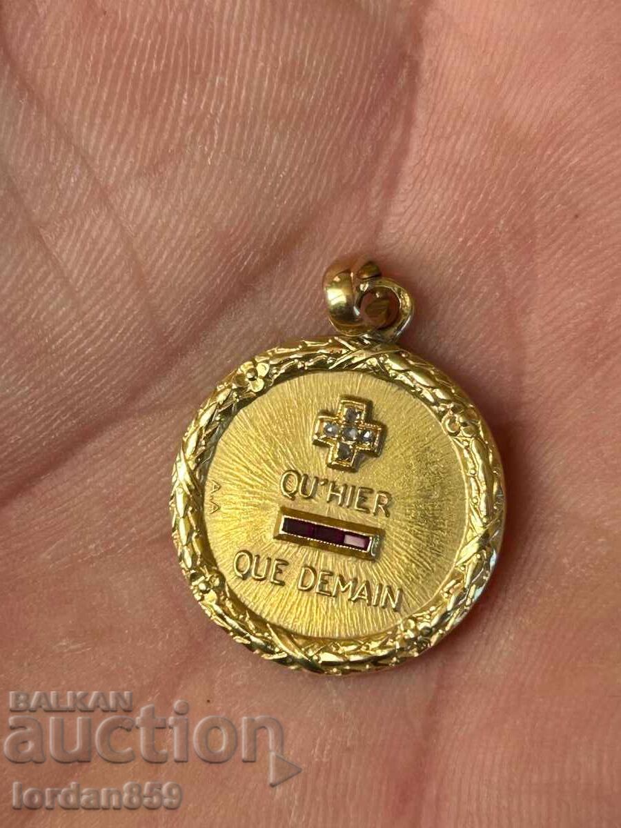 Рядък любовен медальон Арт Деко злато 750 с диаманти!!! - 7