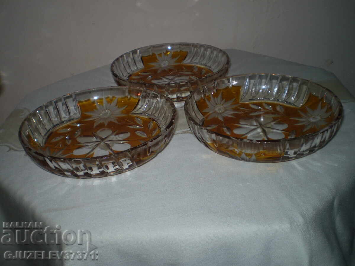 3 bucăți de cristal Bohemia ornamente galbene, tăiate până la transparență - 5