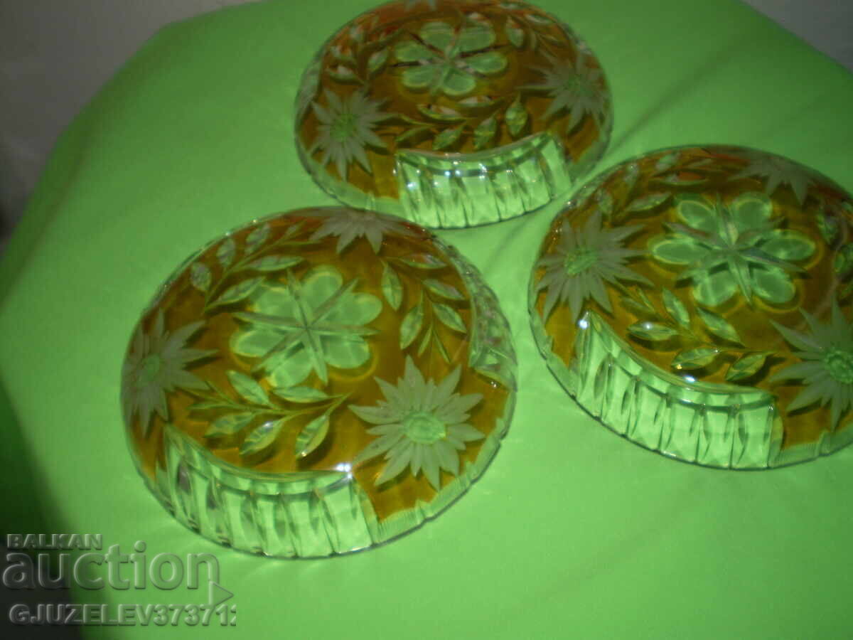 3 bucăți de cristal Bohemia ornamente galbene, tăiate până la transparență - 6